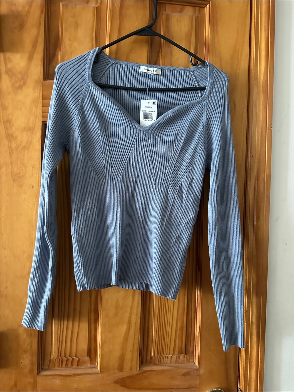 Light Blue Ribbed V-Neck Long Sleeve Sweater